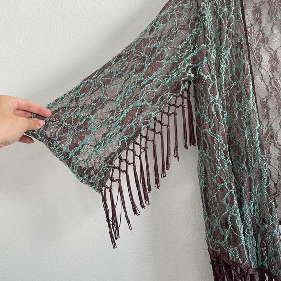 Altar'd State Kimono Topper Sheer Flare Sleeve Boho Fringe Festival Brown - Picture 3 of 8